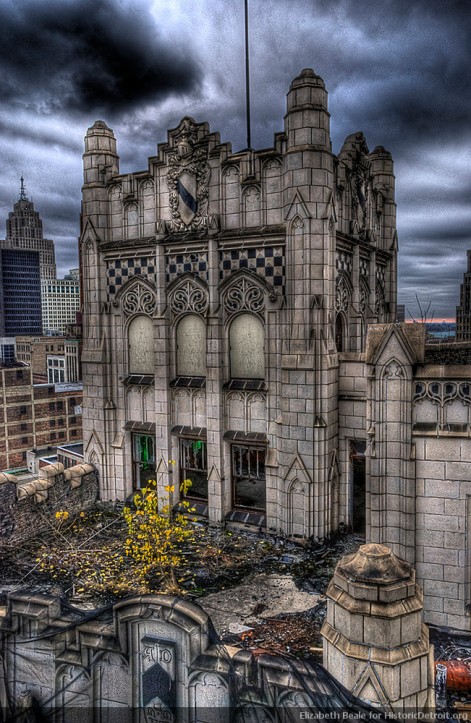 Astounding photo of the top of the Metropolitan Building, Detroit, which is being rehabilitated. Photo by Elizabeth Beale, as HistoricDetroit.org.